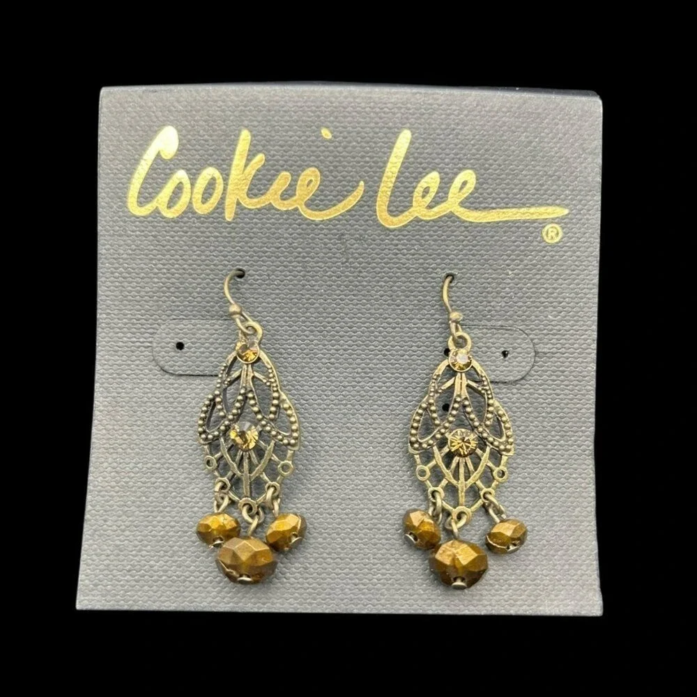 Filigree‎ Dangle Earrings Amber Rhinestone Antique Gold Tone Boho Earthy Ornate